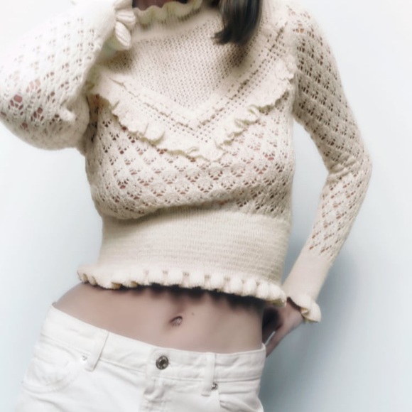 ZARA CROCHET POINTELLE RUFFLE SWEATER - Picture 5 of 10